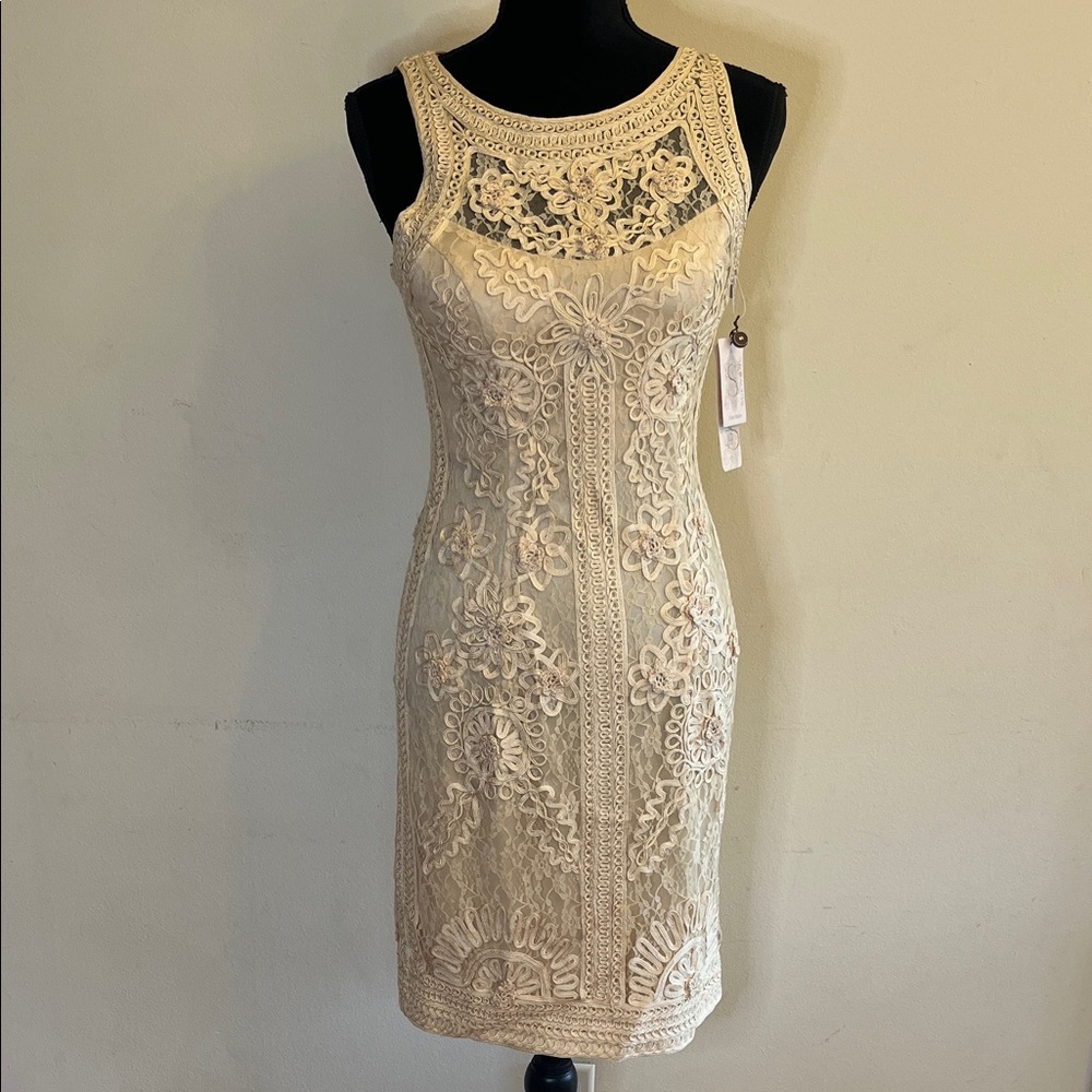 Sue Wong Ivory Floral Lace Midi Dress